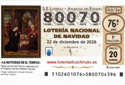 Anverso del décimo 80070 de la Lotería de Navidad 2026, de Teruel